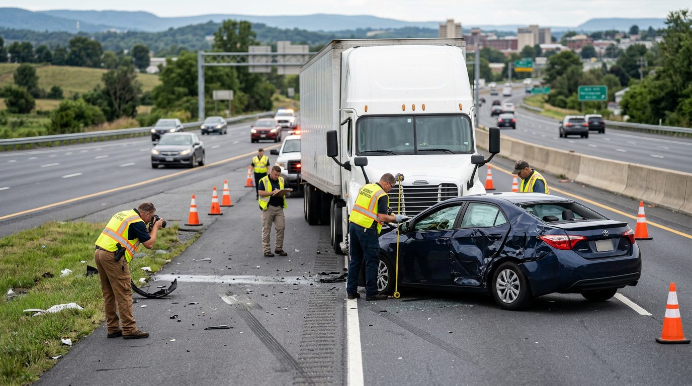 Accident investigation scene on multi-lane highway with commercial vehicle and passenger car for spinal injury case documentation.