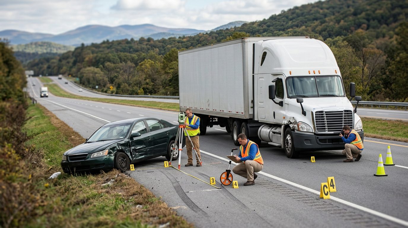 Accident investigation scene on multi-lane highway with commercial vehicle and passenger car for spinal injury case documentation.