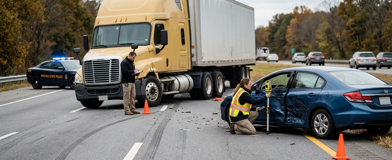 Accident investigation scene on multi-lane highway with commercial vehicle and passenger car for spinal injury assessment.
