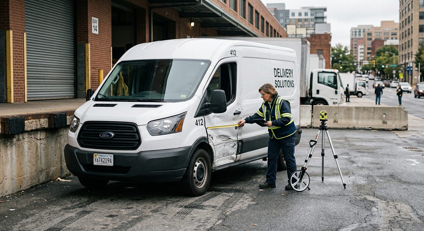 Accident investigator measuring structural damage to delivery van's driver side at loading dock.