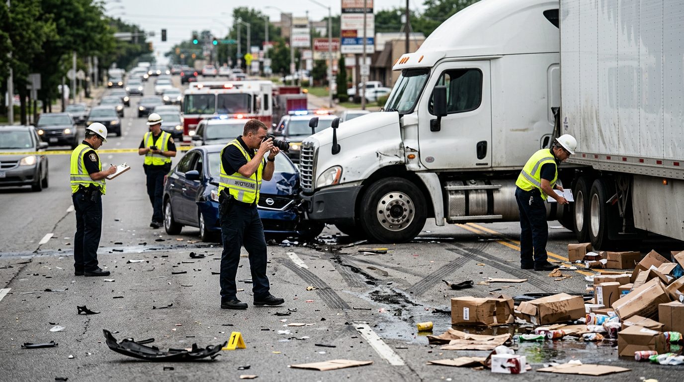Accident investigators document vehicle positioning and cargo spillage at a commercial vehicle crash scene.