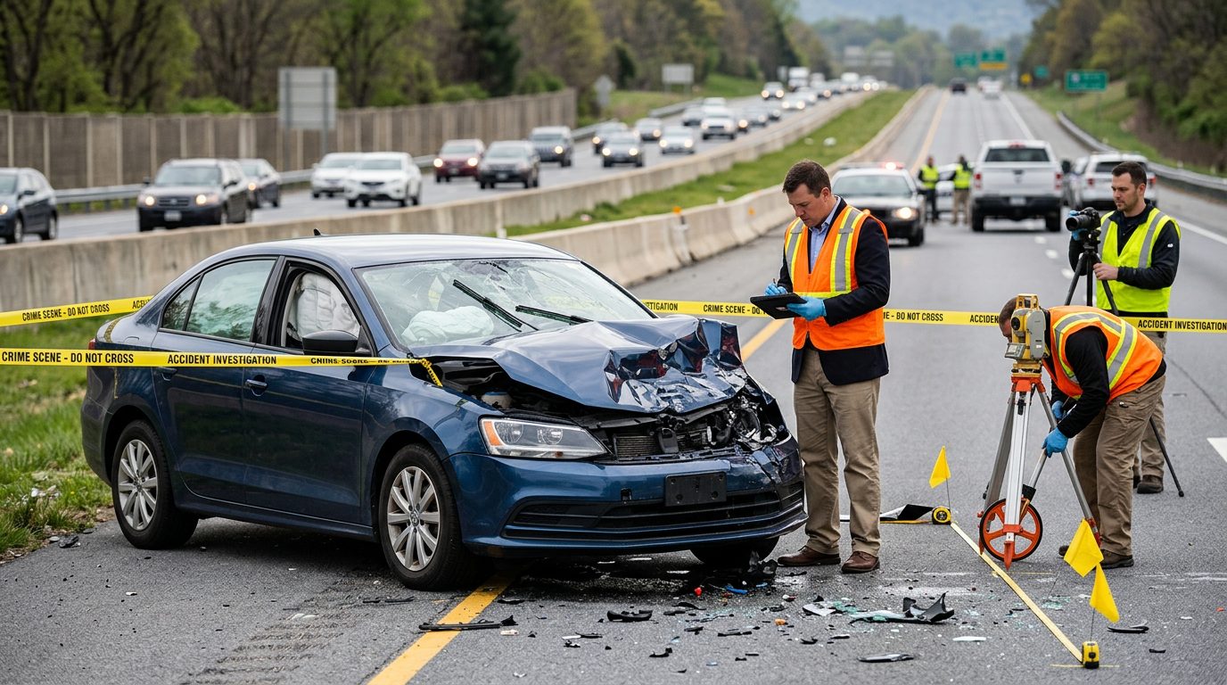Accident investigators documenting a severely damaged car after a frontal crash on a multi-lane highway.