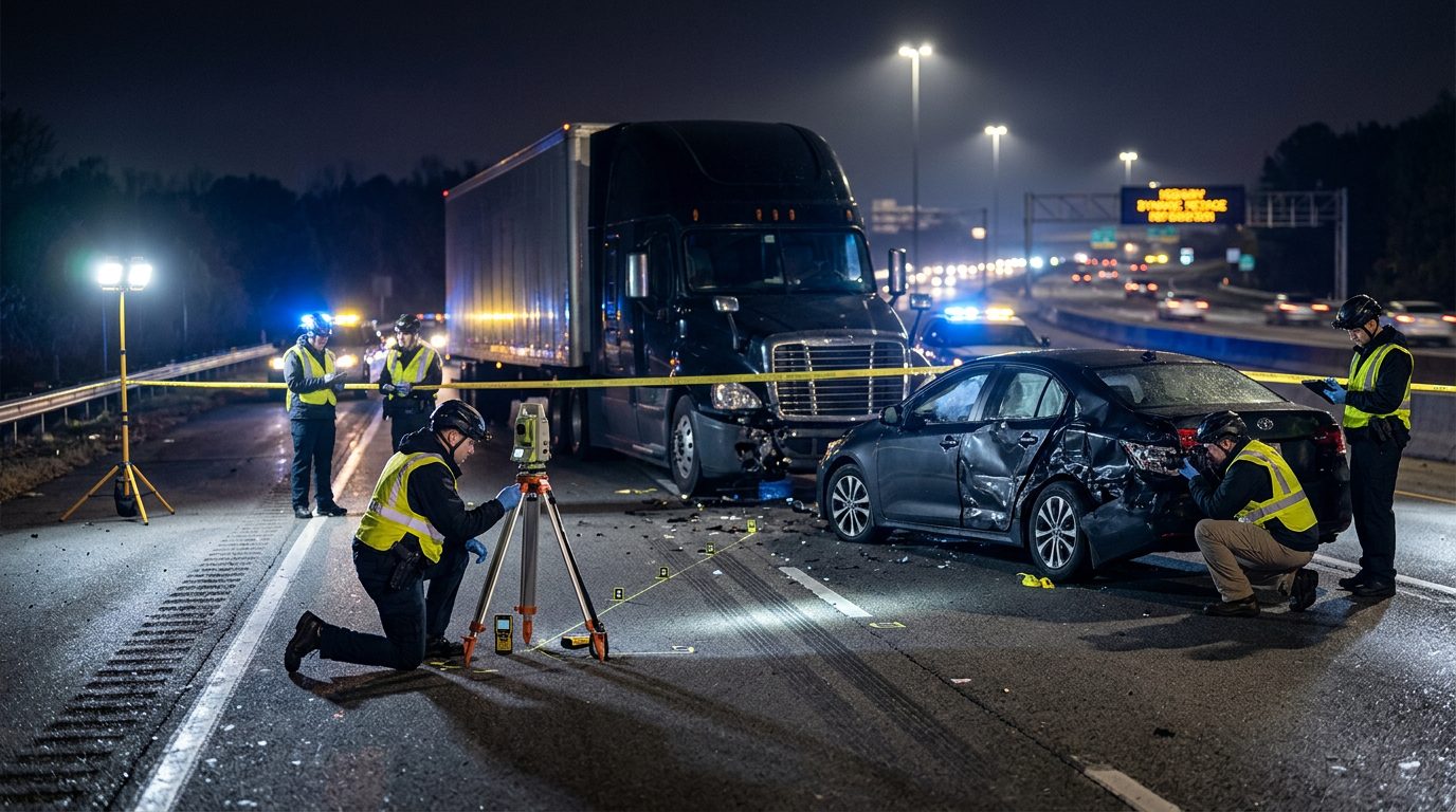 Accident investigators measure vehicle positioning and impact angles at a nighttime highway crash scene.