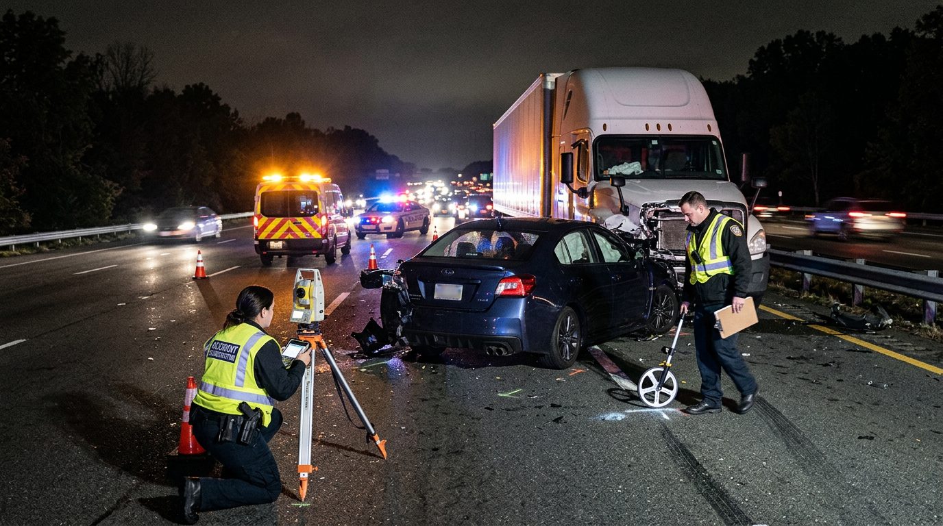 Accident investigators measure vehicle positioning and road conditions at a multi-lane highway crash scene at night.