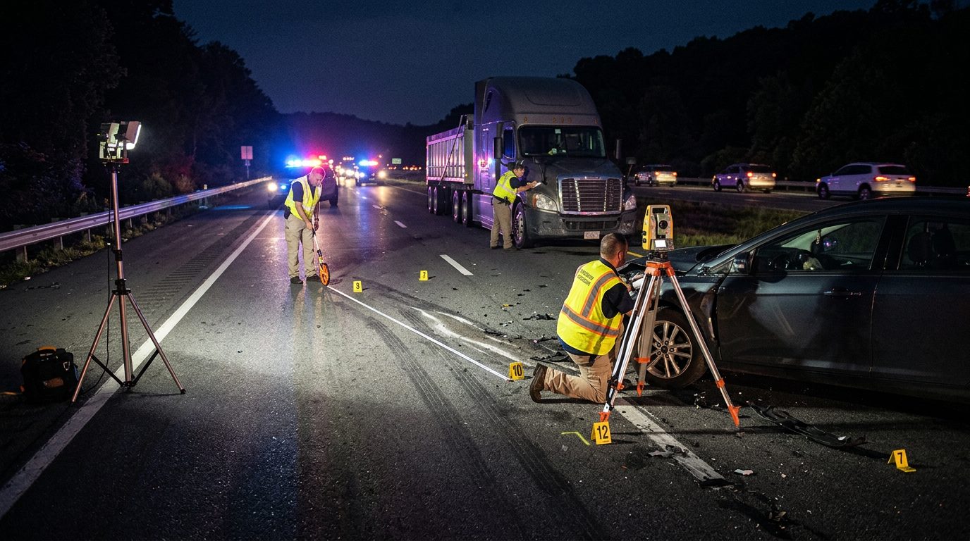 Accident investigators measure vehicle positions and impact angles at a nighttime highway crash scene involving a commercial truck and passenger car.