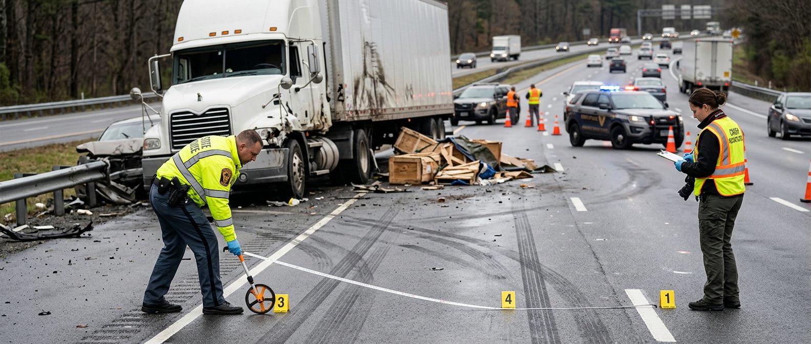 Accident investigators measuring skid marks and vehicle damage on a multi-lane highway after a truck collision.