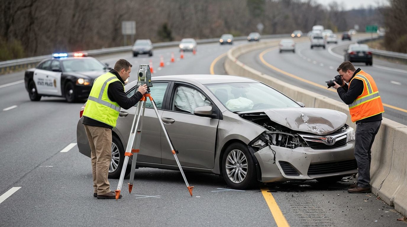 Accident reconstructionists document a severely damaged passenger vehicle at a multi-lane highway crash scene.
