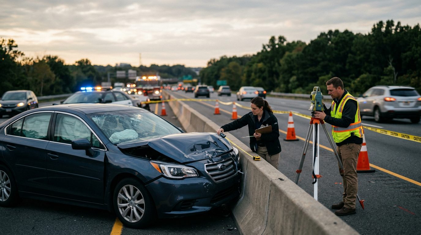 Accident reconstructionists document a severely damaged passenger vehicle at a multi-lane highway crash scene.