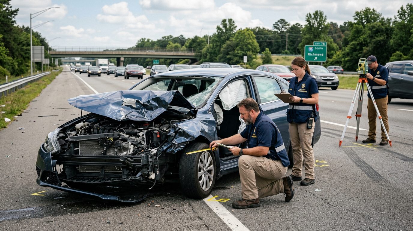 Accident reconstructionists document severe vehicle damage and impact dynamics at highway crash scene.