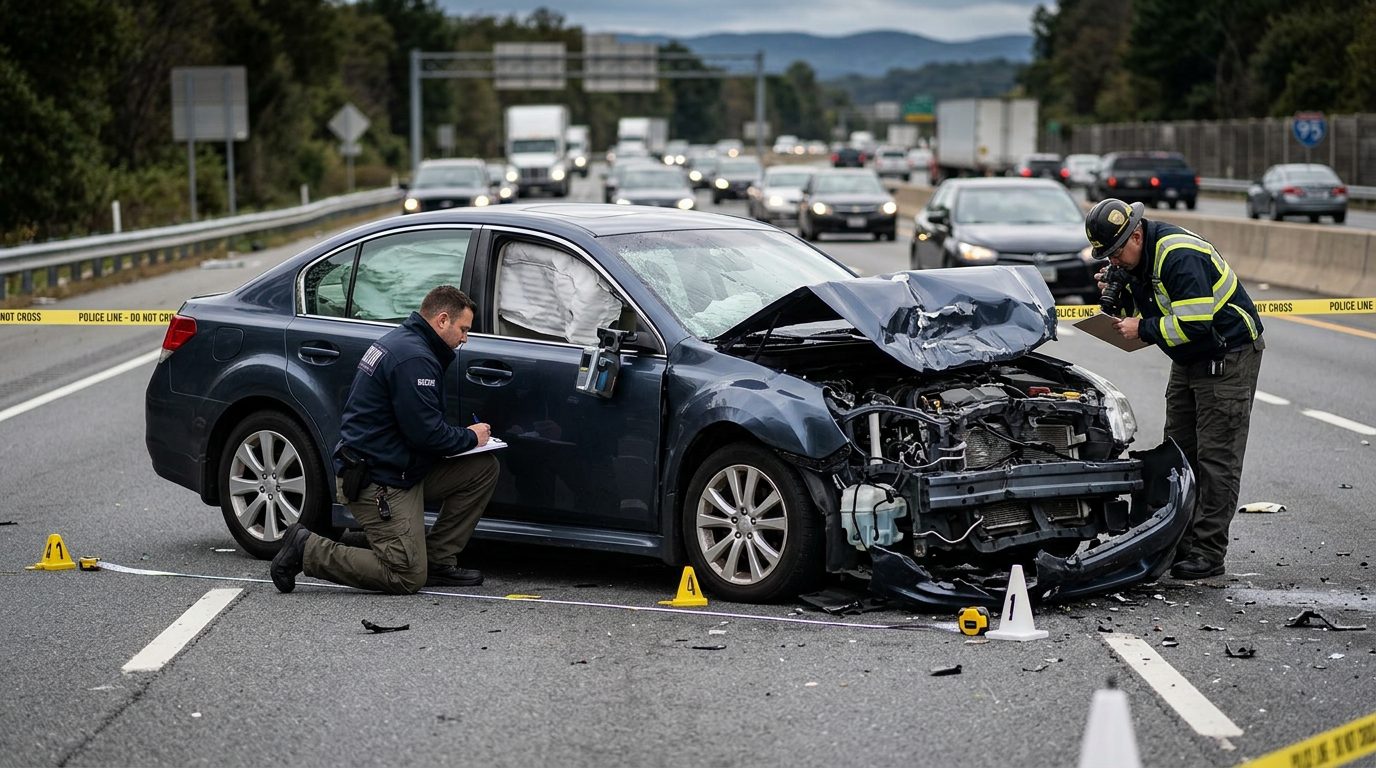 Accident reconstructionists document severe vehicle damage and impact dynamics on a multi-lane highway.