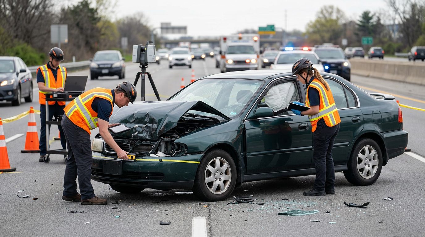 Accident reconstructionists document vehicle damage and impact dynamics at a highway crash scene.