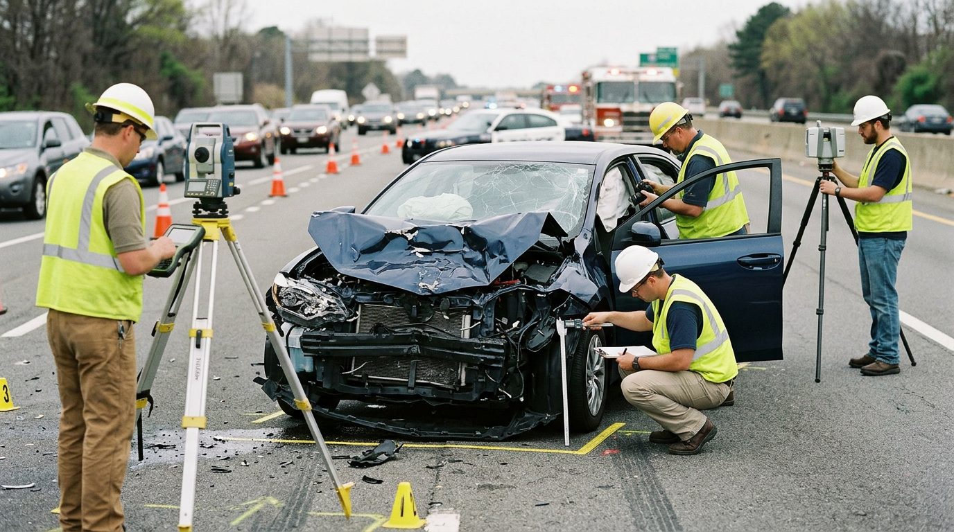 Accident reconstructionists documenting vehicle damage and impact dynamics at a highway crash scene.