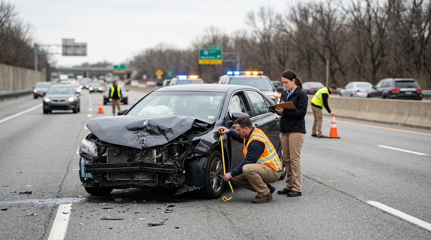 Accident reconstructionists examine severely damaged vehicle at highway crash scene for wrongful death investigation.