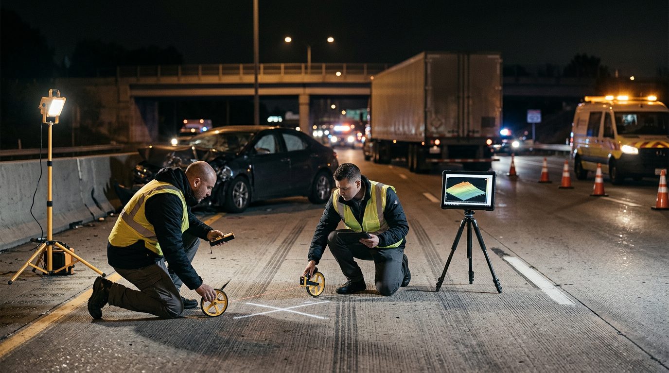 Accident reconstructionists measure a crash scene on a nighttime multi-lane highway where a commercial truck struck a car.