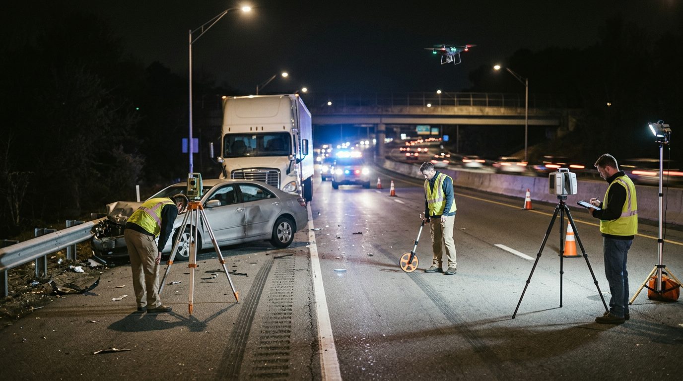 Accident reconstructionists measuring vehicle damage and road conditions at a multi-lane highway crash scene at night.
