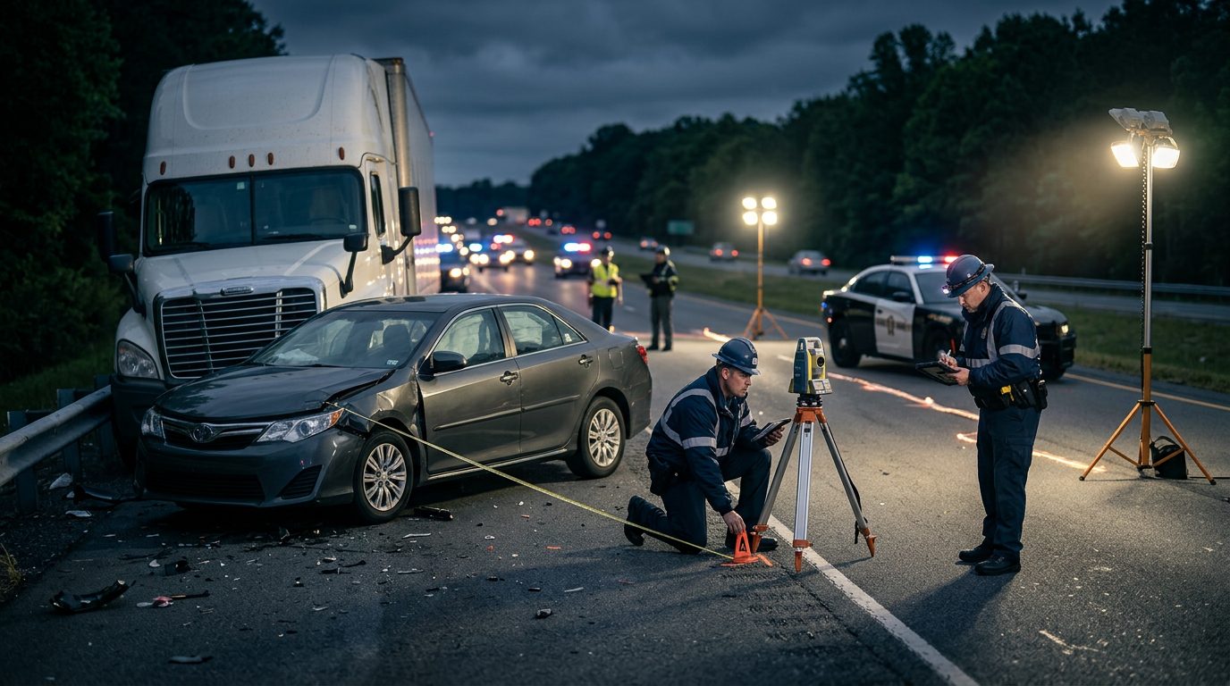 Accident reconstructionists measuring vehicle damage and road conditions at nighttime highway crash scene.