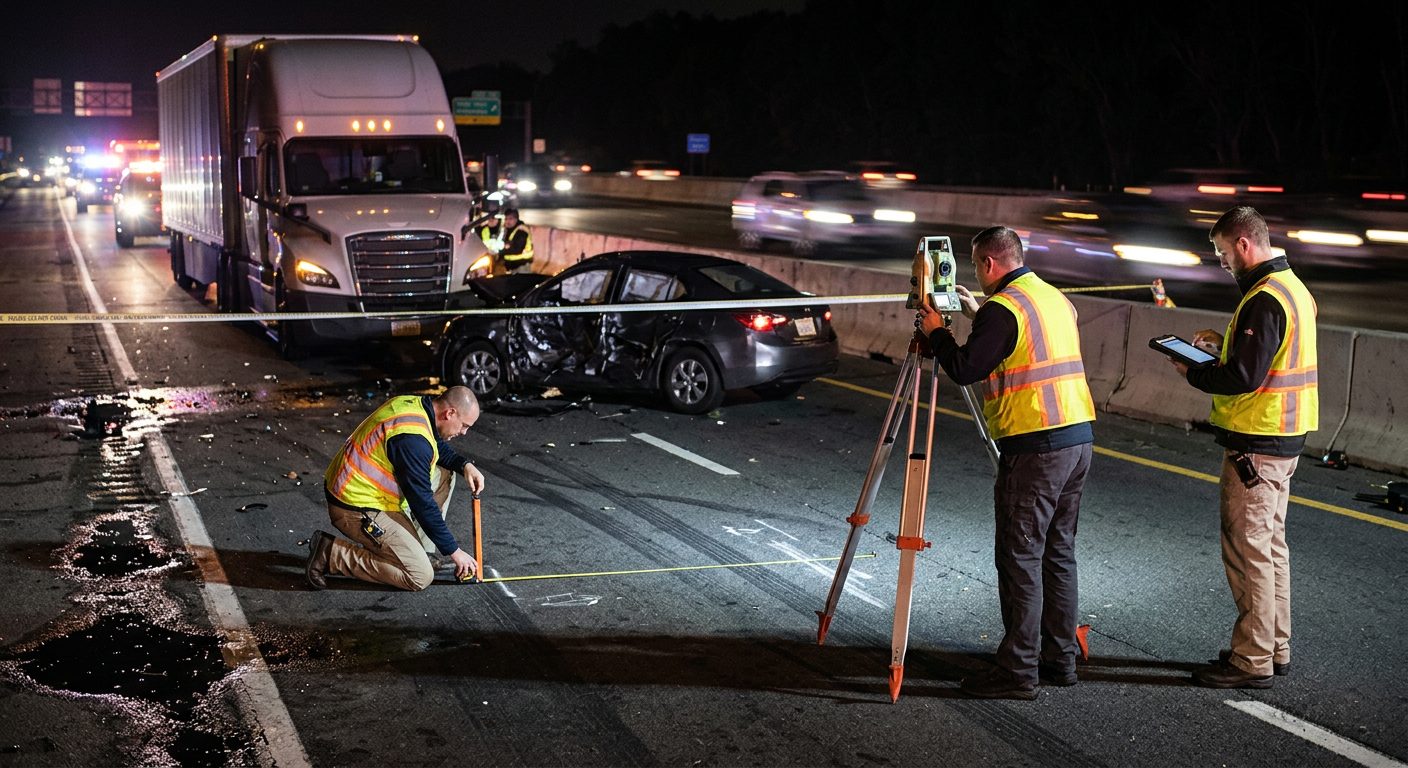 Accident reconstructionists measuring vehicle impact and road conditions at nighttime highway crash scene.