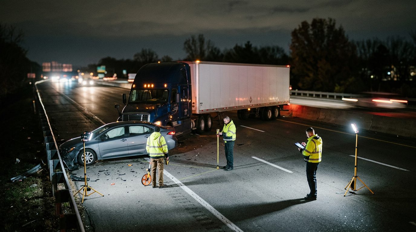 Accident reconstructionists measuring vehicle impact and road conditions at nighttime highway crash scene.