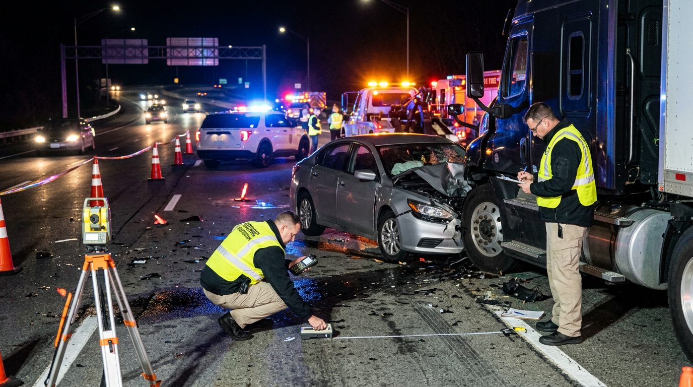 Accident reconstructionists measuring vehicle impact and road conditions at nighttime highway crash scene.