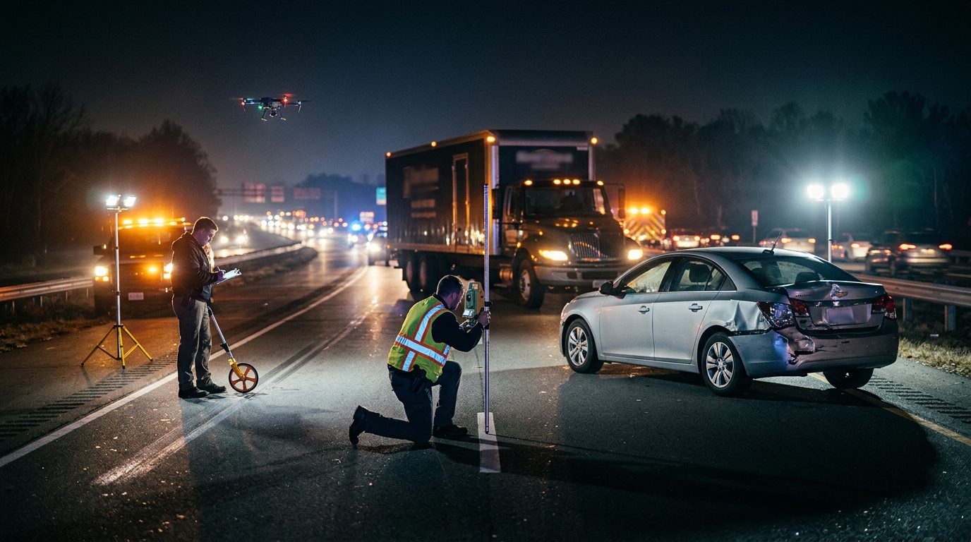 Accident reconstructionists measuring vehicle impact and road conditions at nighttime highway crash scene.