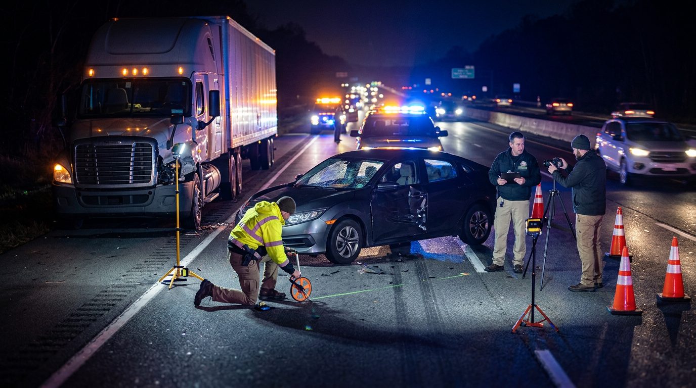 Accident reconstructionists measuring vehicle impact and road conditions at nighttime highway crash scene.