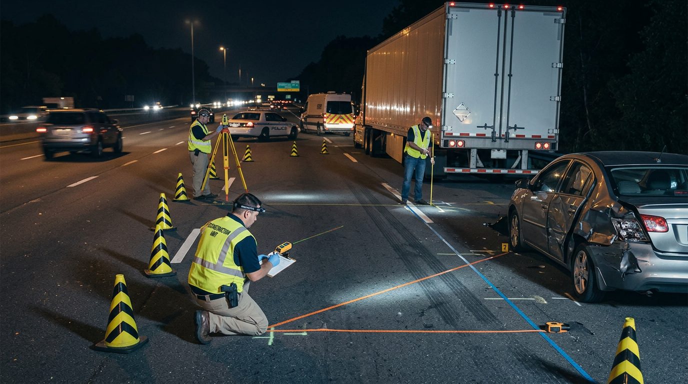 Accident reconstructionists measuring vehicle impact and road conditions at nighttime highway crash scene.