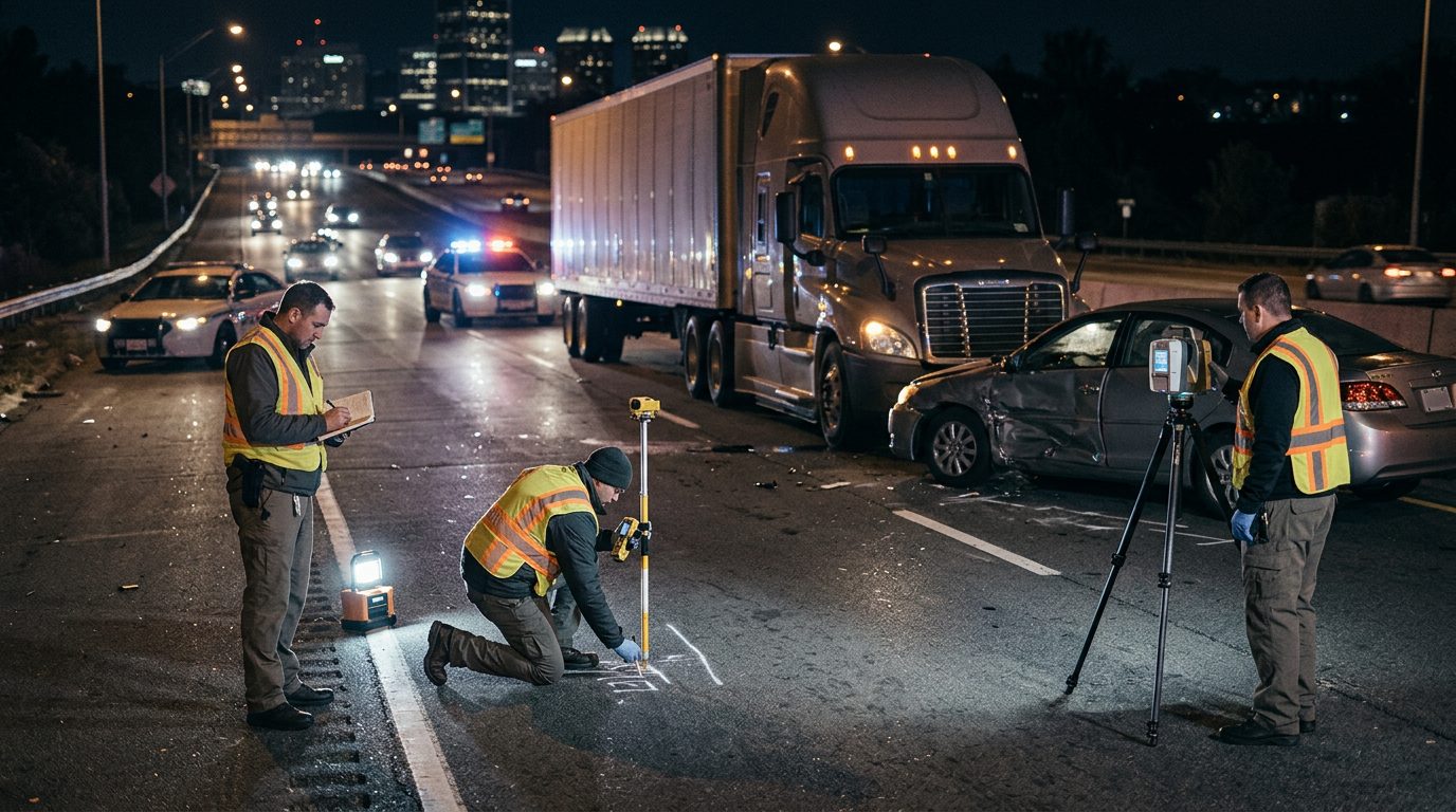 Accident reconstructionists measuring vehicle impact and road conditions at nighttime highway crash scene.
