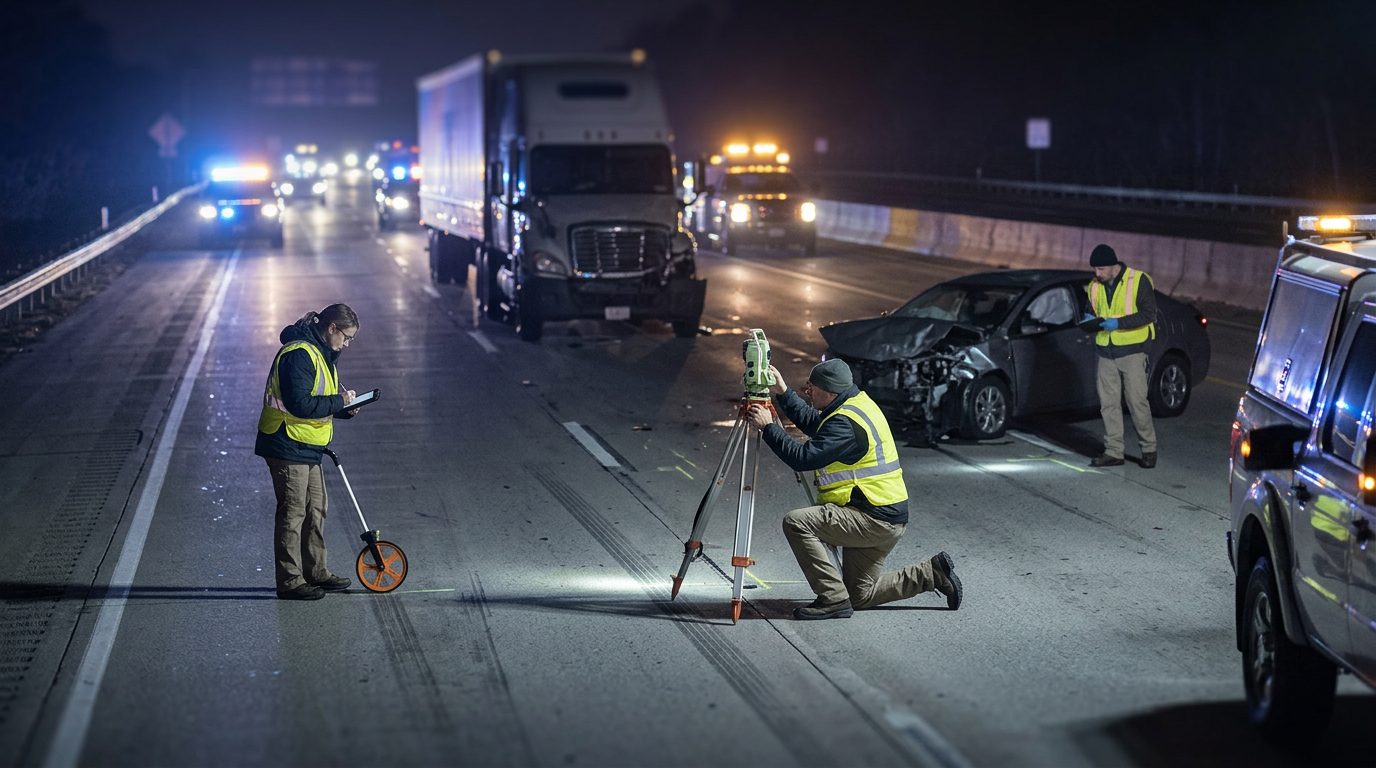 Accident reconstructionists measuring vehicle impact and road conditions at nighttime highway crash scene.
