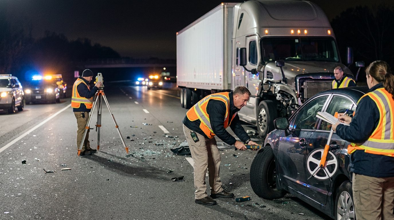 Accident reconstructionists measuring vehicle impact and road conditions at nighttime highway crash scene.
