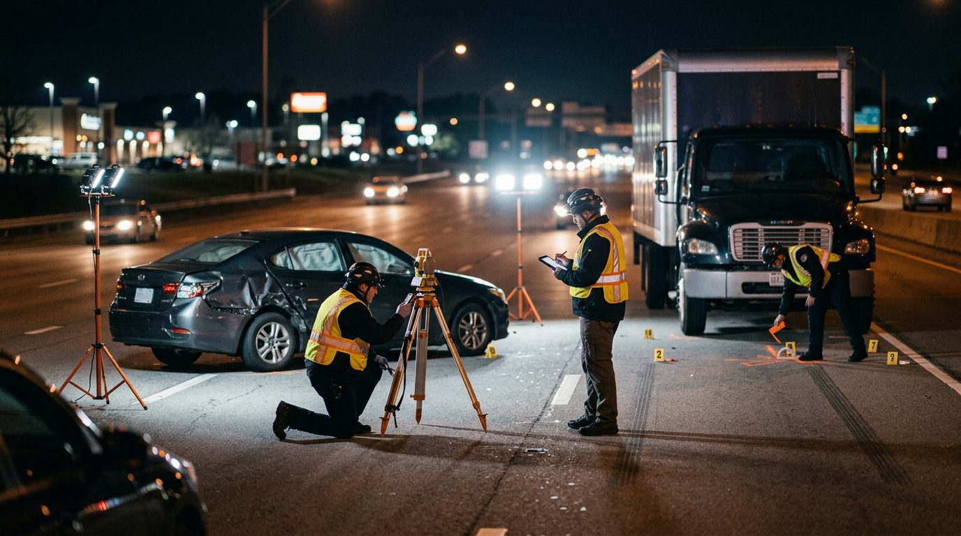 Accident reconstructionists measuring vehicle impact and road conditions at nighttime highway crash scene.