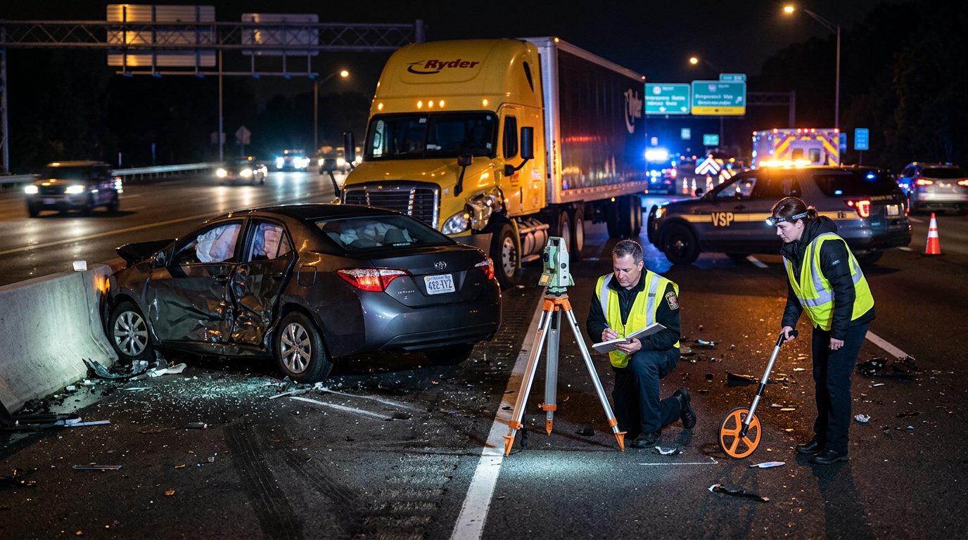 Accident reconstructionists measuring vehicle impact angles and road conditions at nighttime highway crash scene.