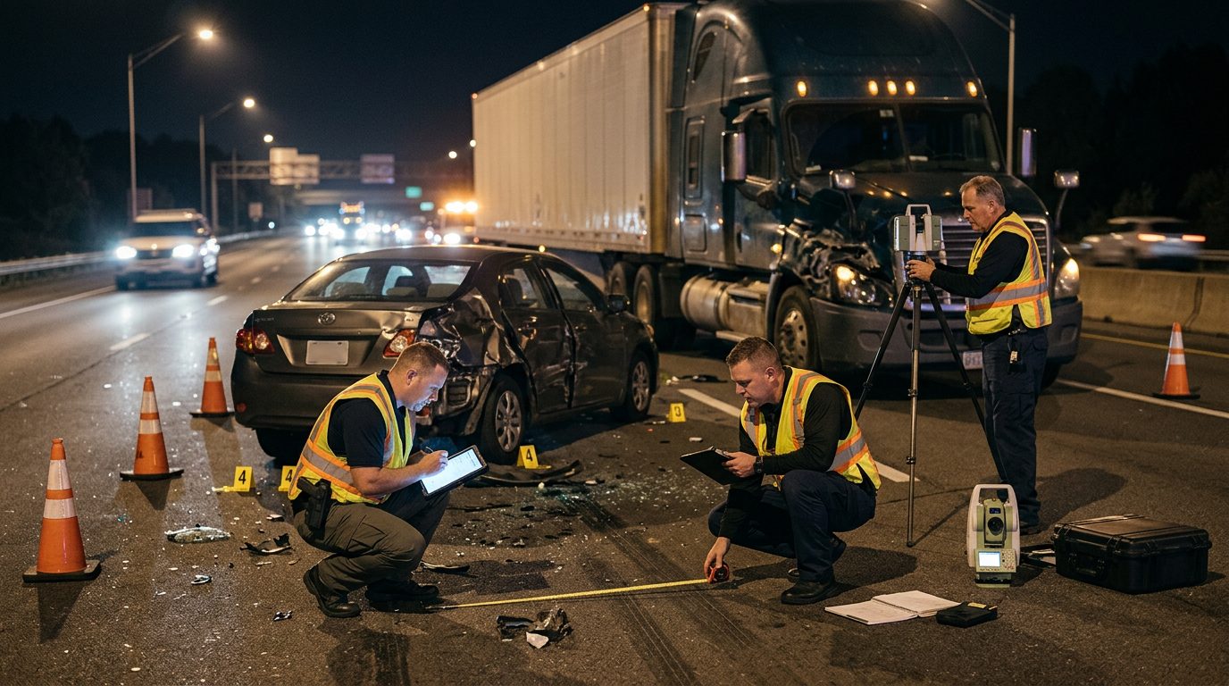 Accident reconstructionists measuring vehicle impact angles and road conditions at nighttime highway crash scene.