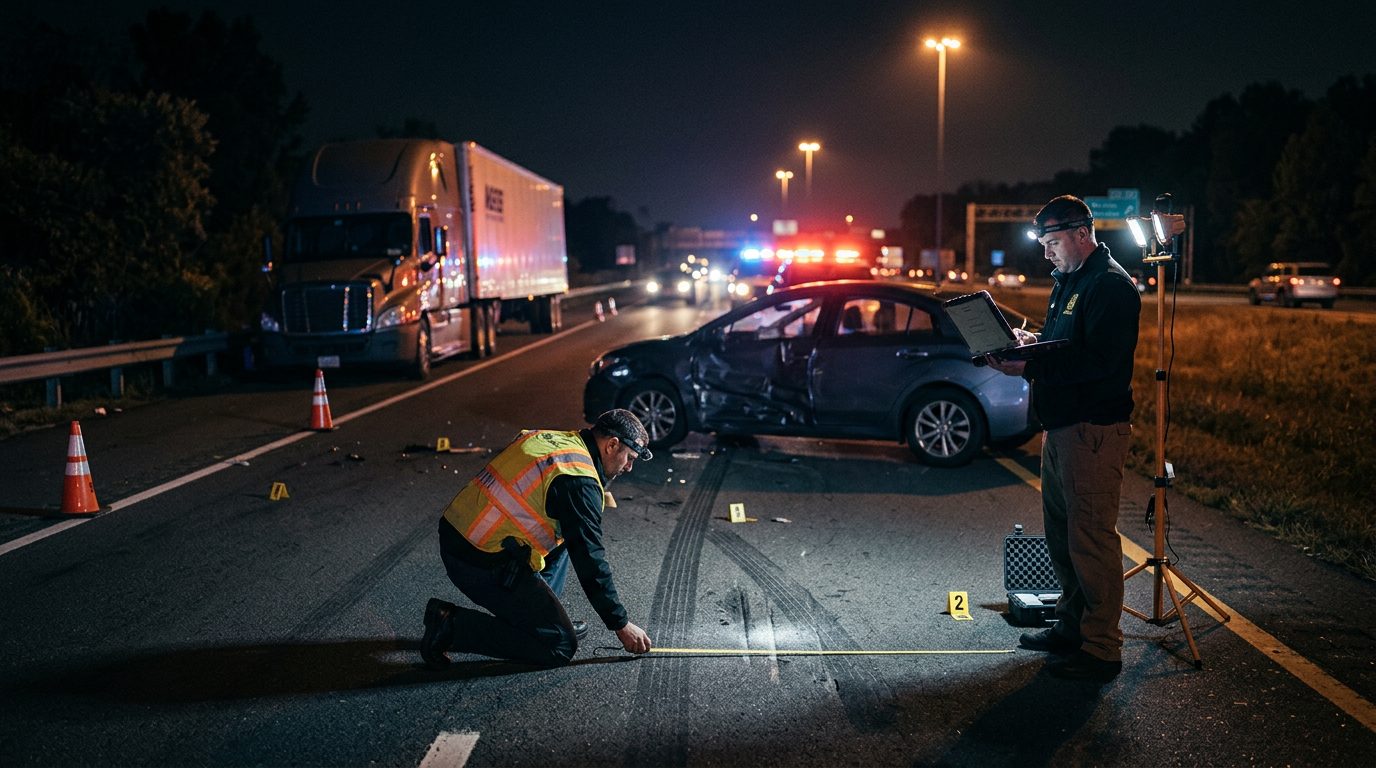 Accident reconstructionists measuring vehicle impact angles and road conditions at nighttime highway crash scene.