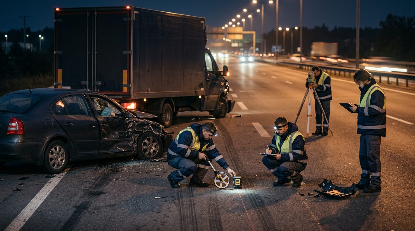 Accident reconstructionists measuring vehicle positions and impact angles at a nighttime highway crash scene.