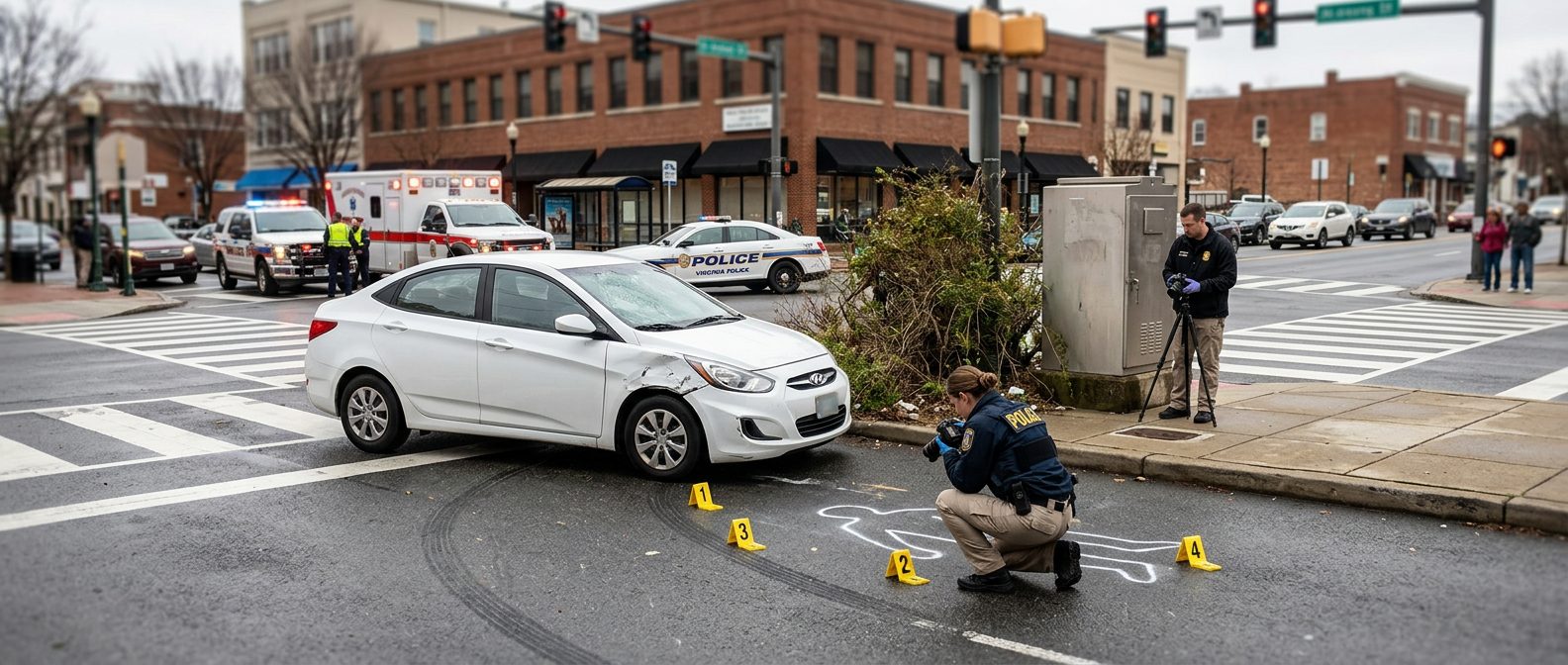 Accident scene at intersection with investigators documenting vehicle impact, pedestrian fall patterns, and sight line obstructions.