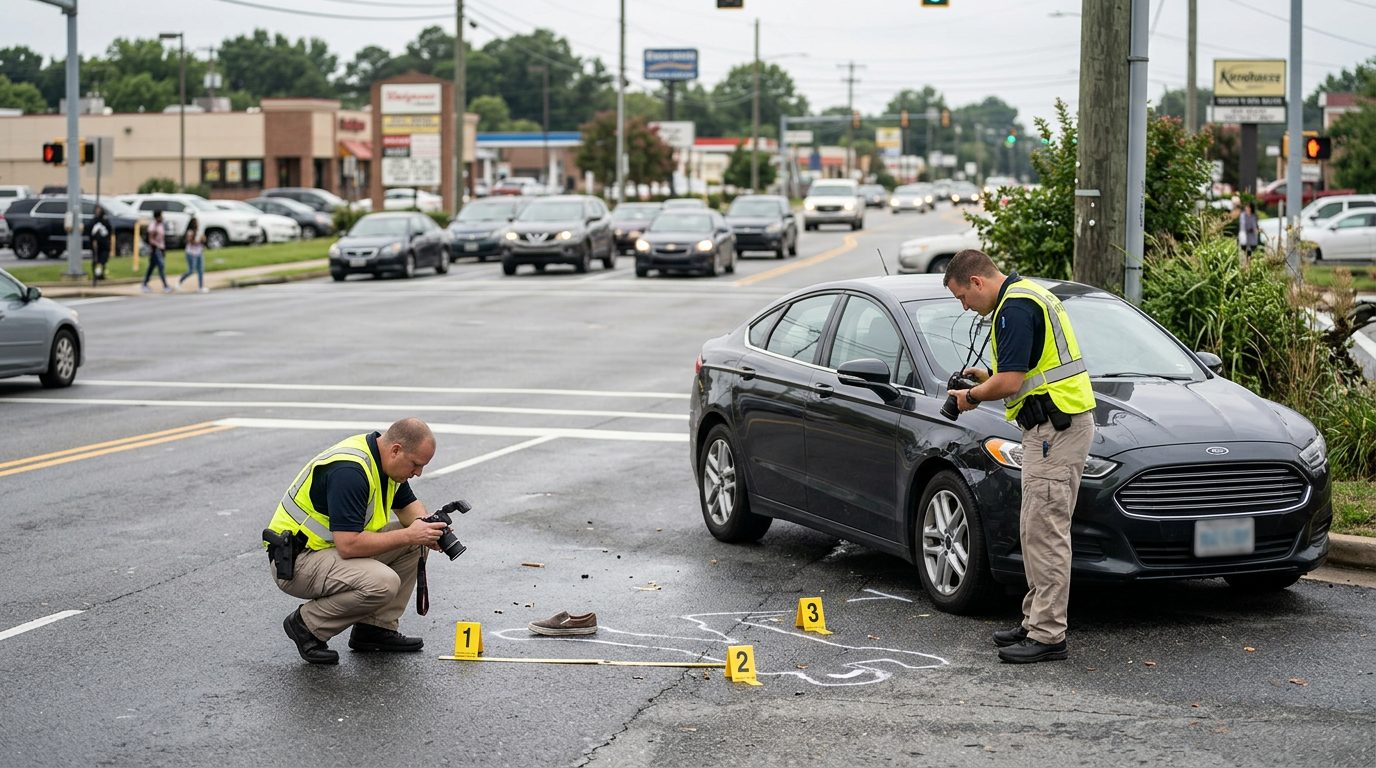 Accident scene at intersection with investigators documenting vehicle impact and pedestrian fall patterns.