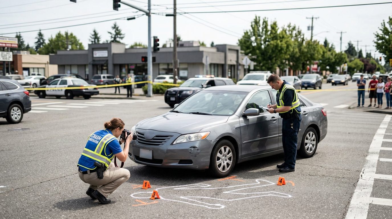Accident scene at intersection with investigators documenting vehicle impact and pedestrian fall patterns for spinal injury case.