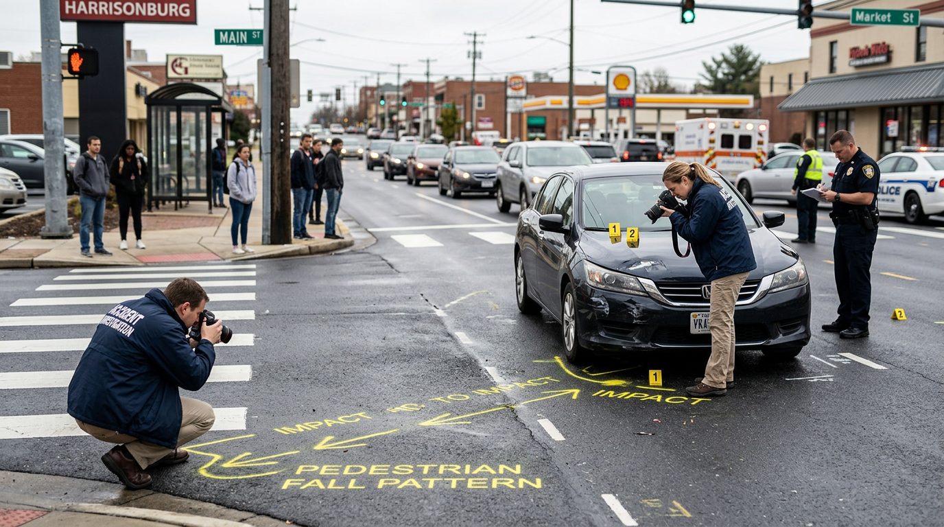 Accident scene at intersection with investigators documenting vehicle impact and pedestrian fall patterns for injury case evidence.