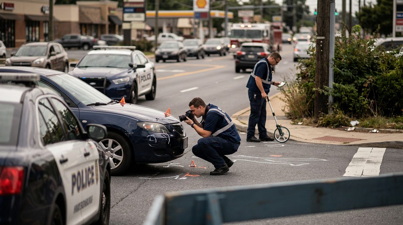 Accident scene at intersection with investigators documenting vehicle impact points and pedestrian fall patterns.