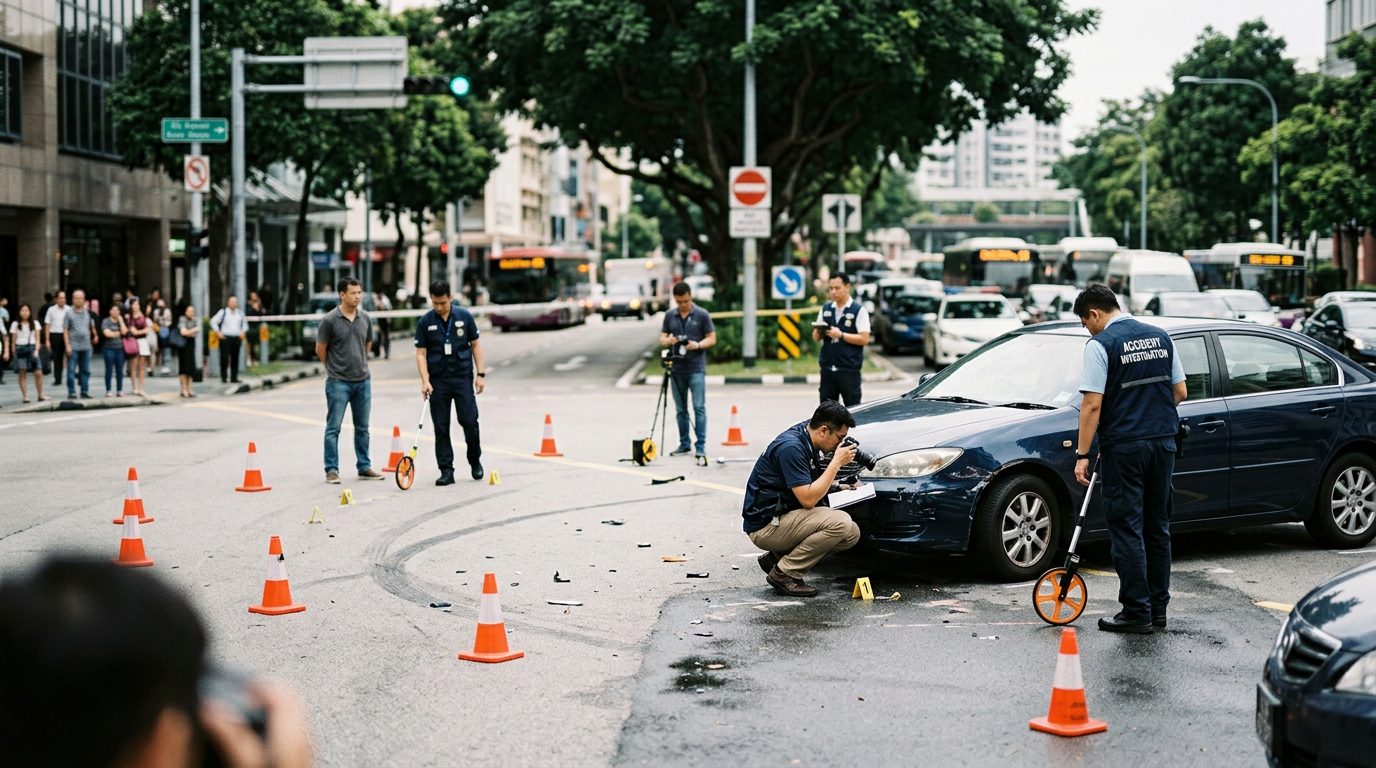 Accident scene at intersection with investigators documenting vehicle impact points and pedestrian fall patterns for spinal injury case.