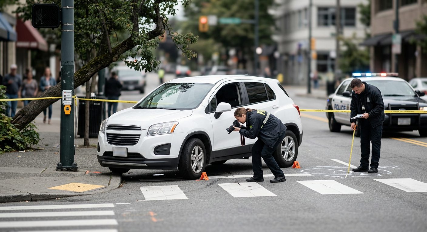 Accident scene at intersection with investigators documenting vehicle impact points and pedestrian fall patterns.