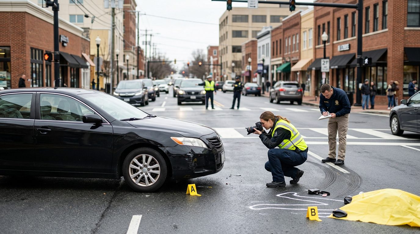 Accident scene at intersection with investigators documenting vehicle impact, pedestrian fall patterns, and sight line obstructions.