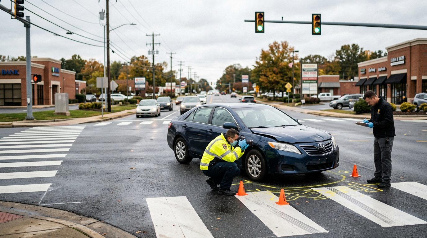 Accident scene investigation at commercial intersection with vehicle impact patterns and pedestrian contact points.