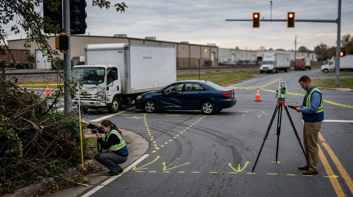 Accident scene investigation at industrial intersection with delivery truck, sight line obstructions, and evidence documentation for wrongful death claim.