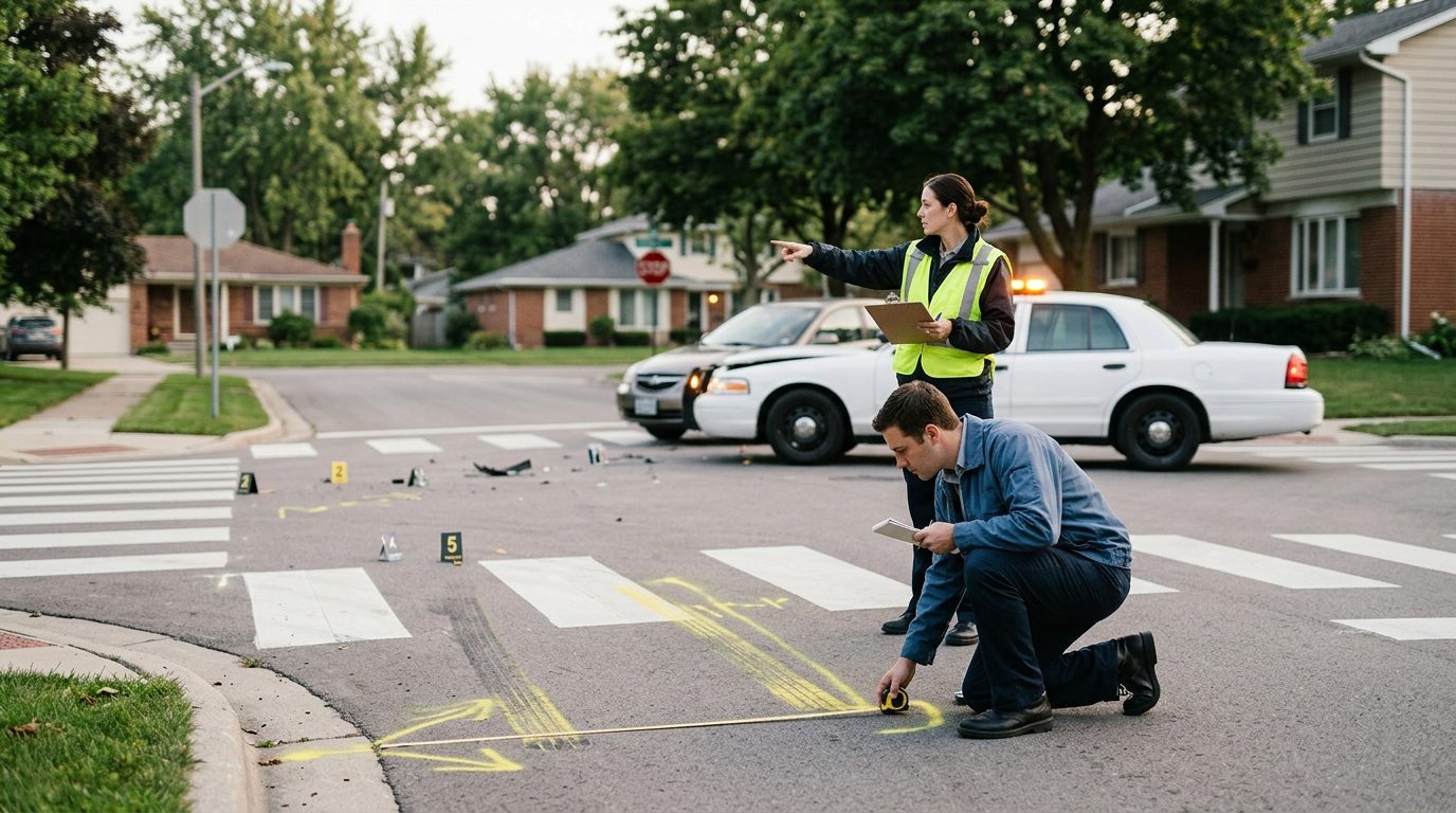 Accident scene investigation at residential intersection with vehicle impact markers and sight line documentation.