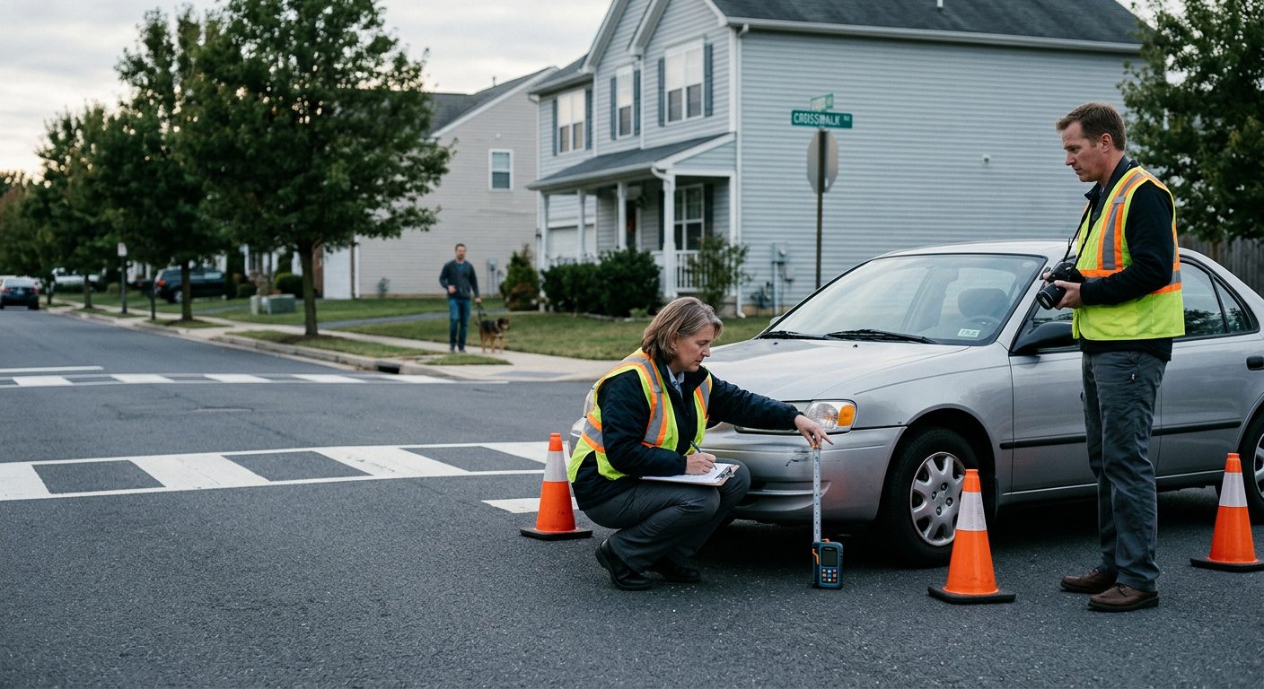 Accident scene investigation at residential intersection with vehicle impact marks and sight line documentation.