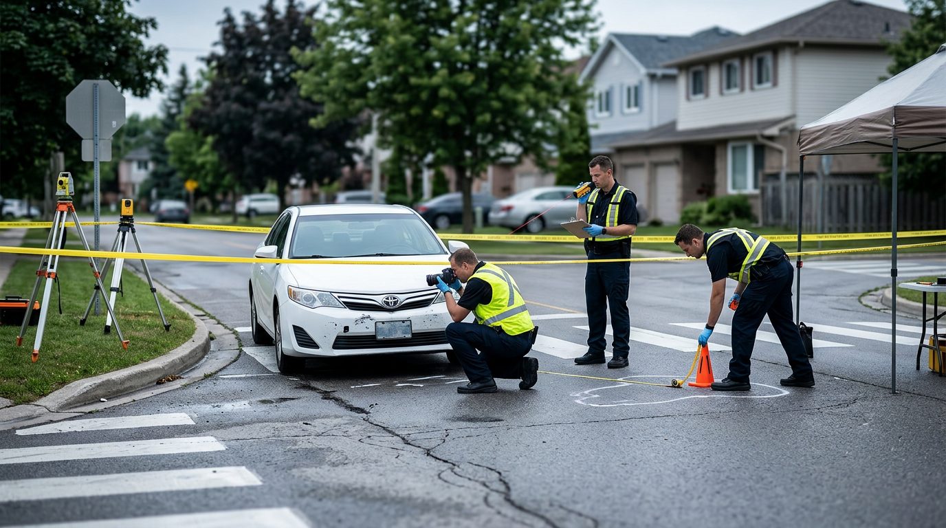 Accident scene investigation at residential intersection with vehicle impact marks and sight line documentation.