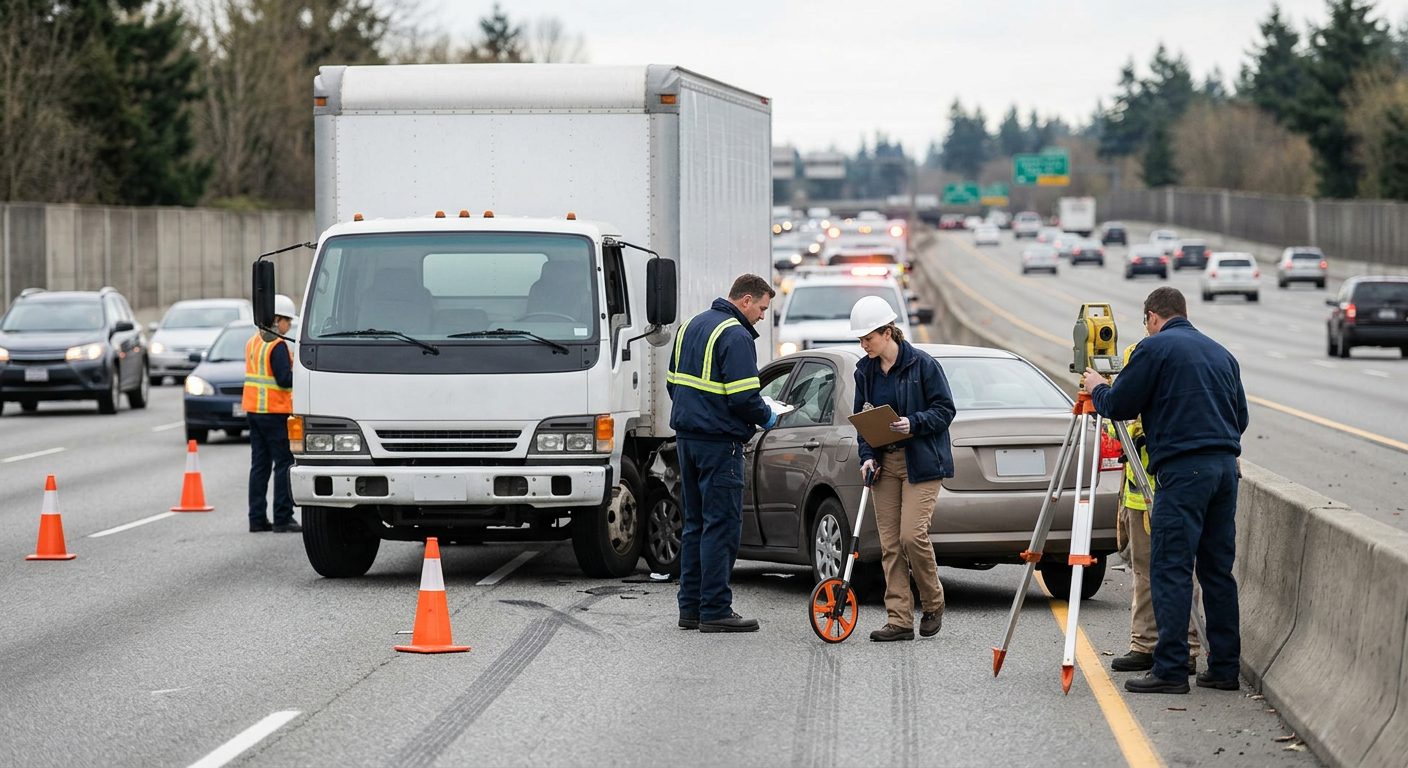 Accident scene investigation on highway with commercial vehicle and passenger car for spinal trauma assessment.