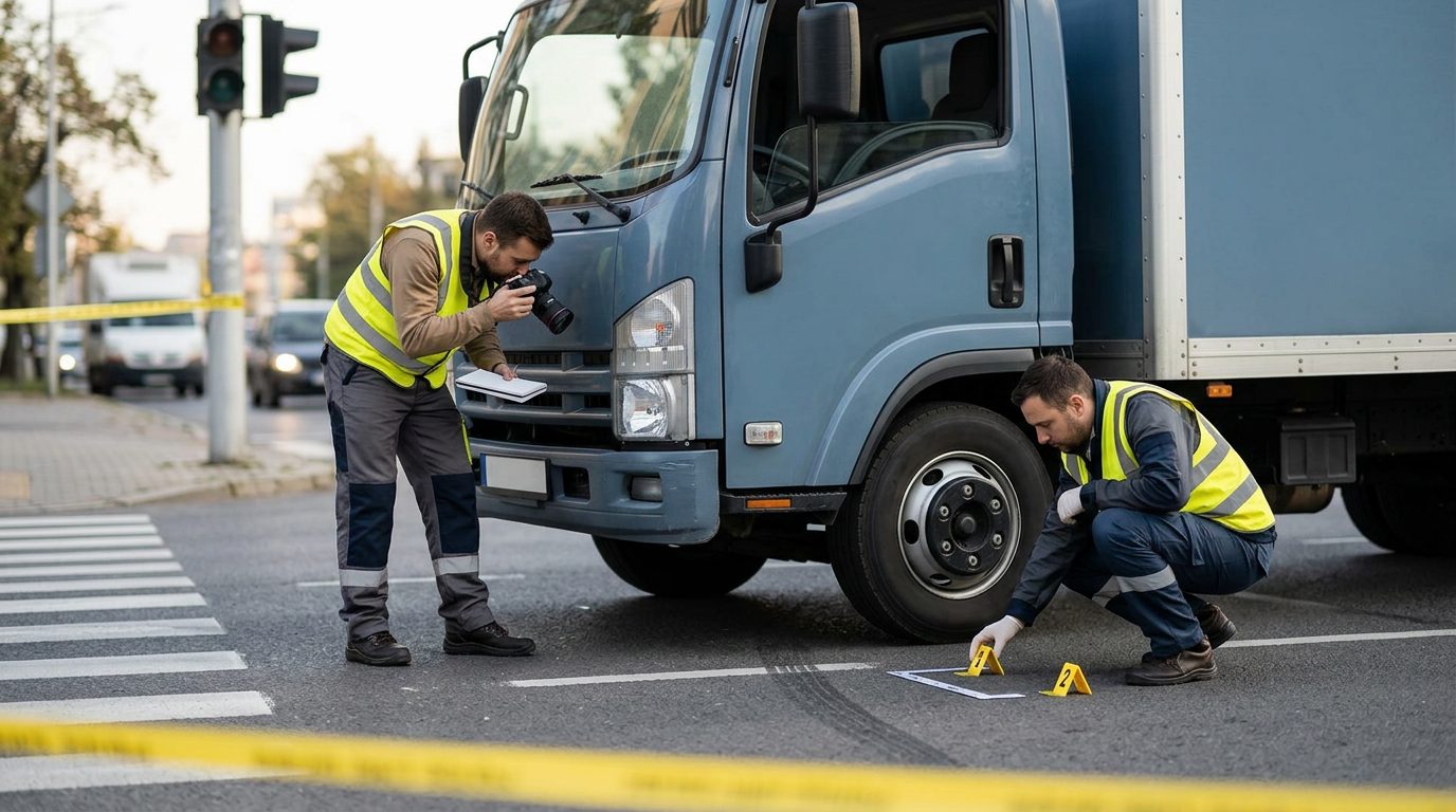 Accident scene investigators documenting vehicle impact patterns and pedestrian contact points at commercial intersection.