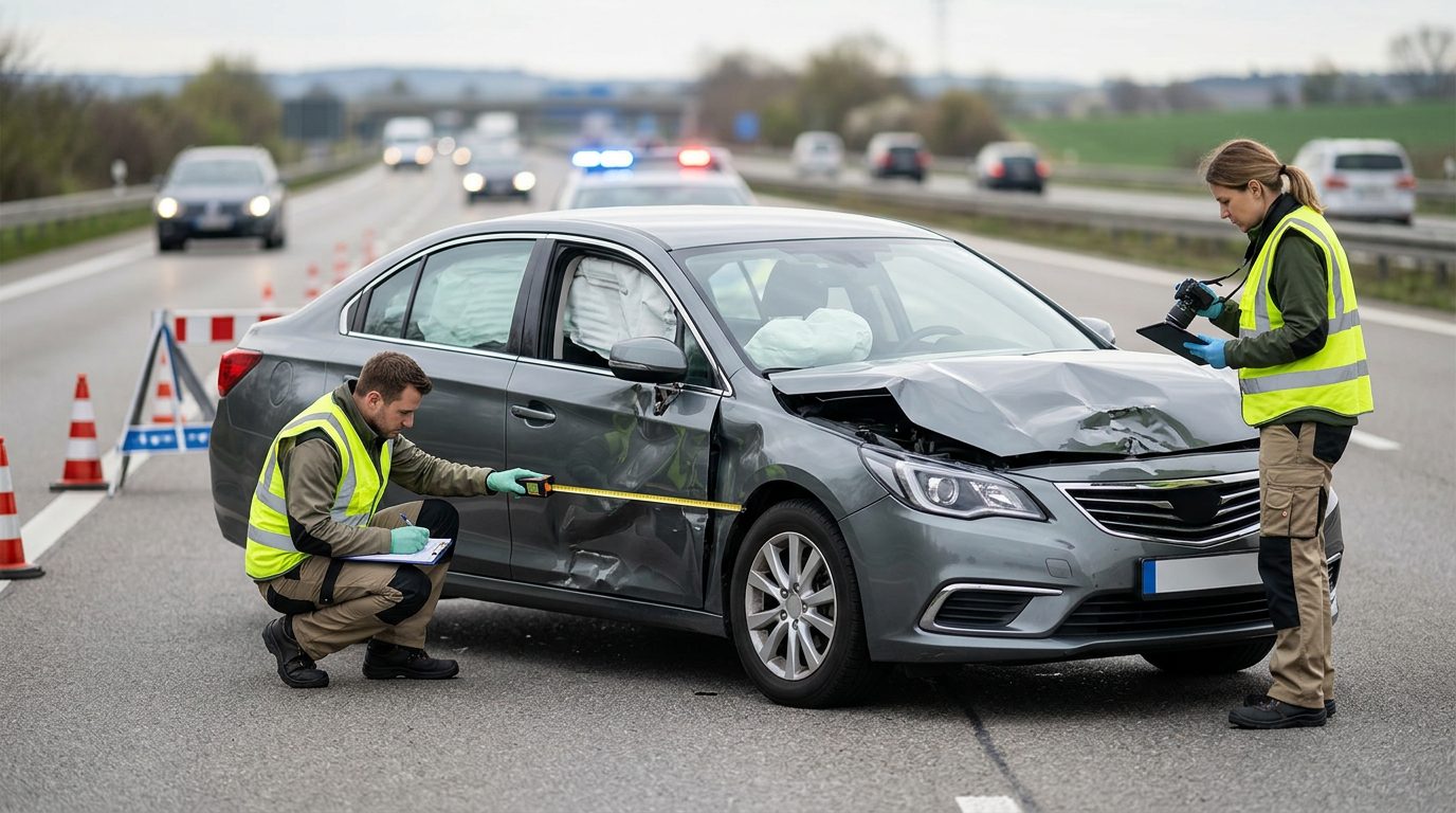 Accident scene on multi-lane highway showing vehicle with severe frontal impact damage for injury assessment.
